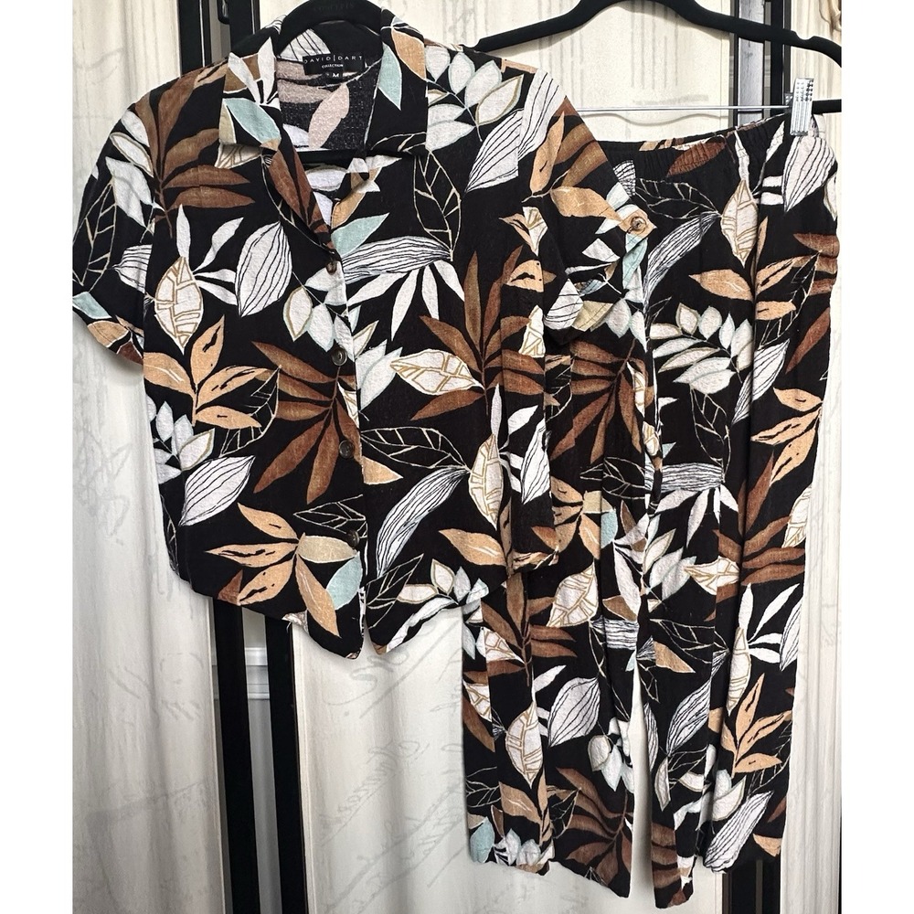 Vintage David Dart Black Botanical Tropical Leaf Print 2 Piece Shirt Pants Set M